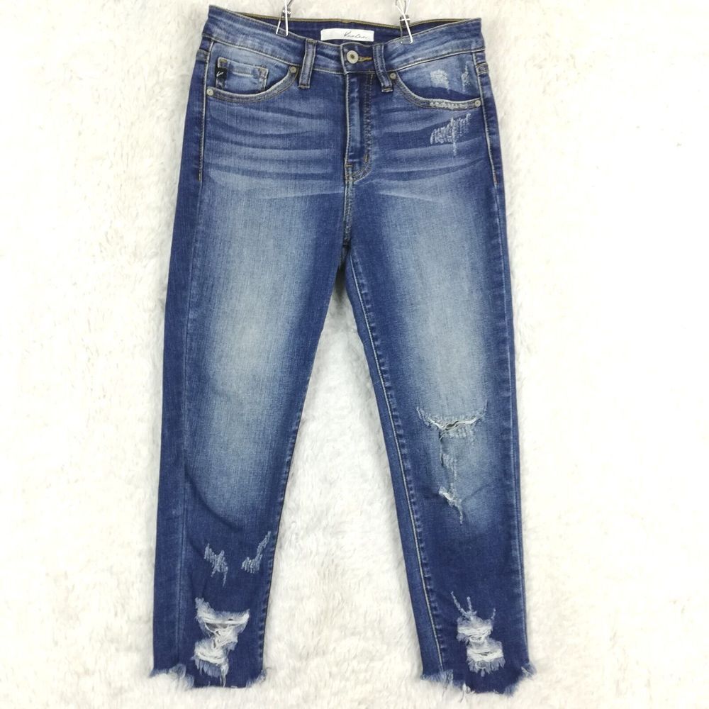 Kancan Womens‎ Jeans Skinny Cropped Blue Denim Whiskering Ripped Raw Hem 5